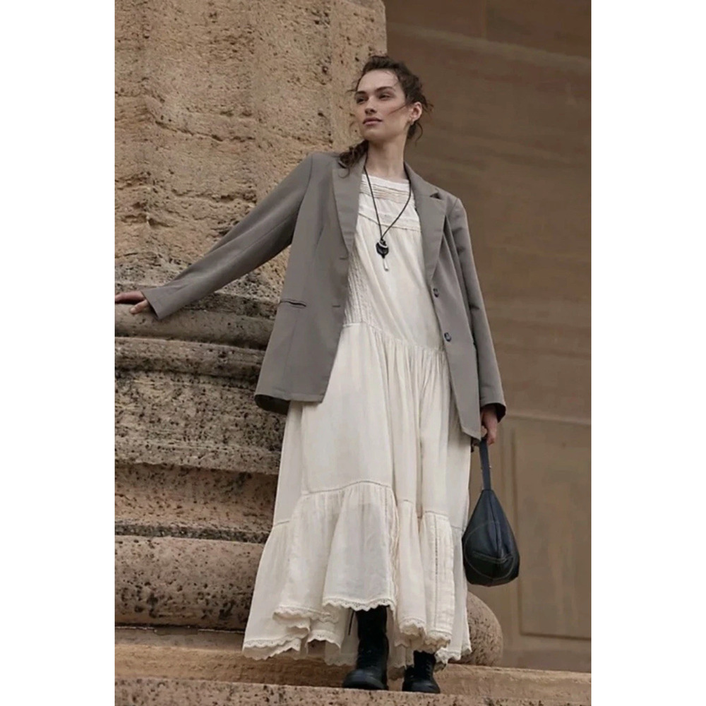 NEW FREE PEOPLE IVORY MEADOWS EDGE EYELET LACE PINTUCK MAXI DRESS SZ L - Picture 5 of 11